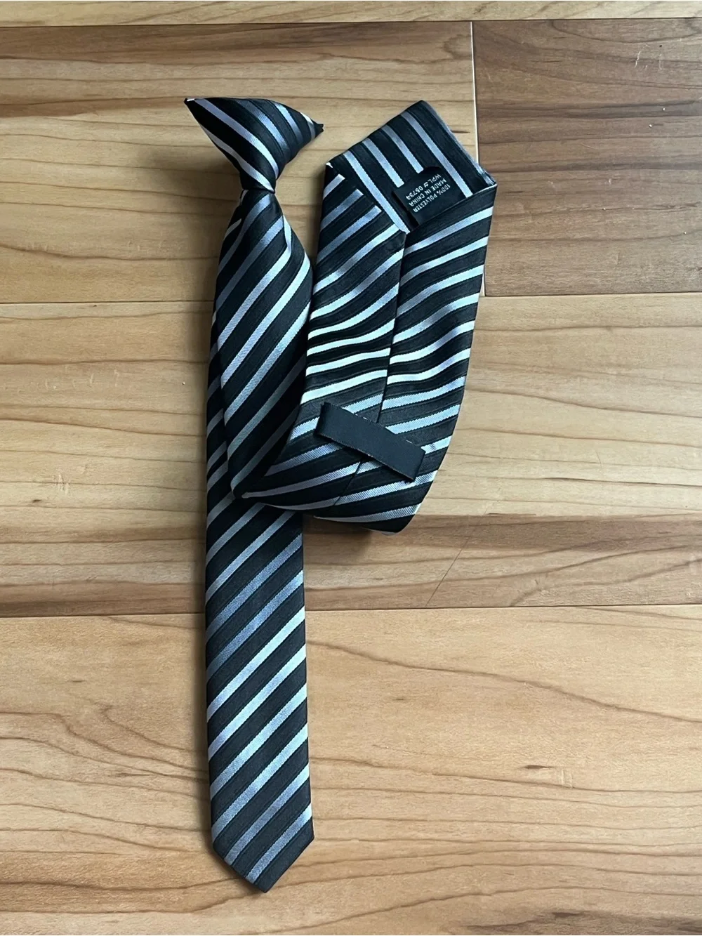 Boys Black Gray Striped Pre-Tied Adjustable Necktie